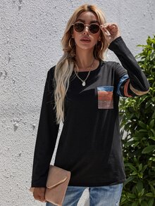 Colourblock Pocket Front Tee - Black - View 3