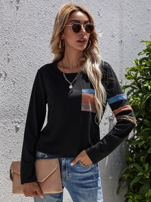 Colourblock Pocket Front Tee - Black - View 4