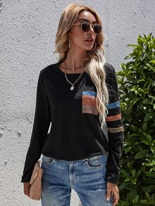 Colourblock Pocket Front Tee - Black - View 5