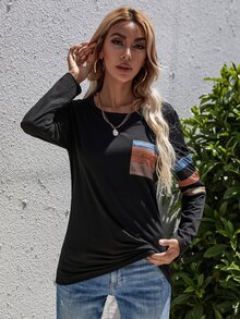 Colourblock Pocket Front Tee - Black - View 6