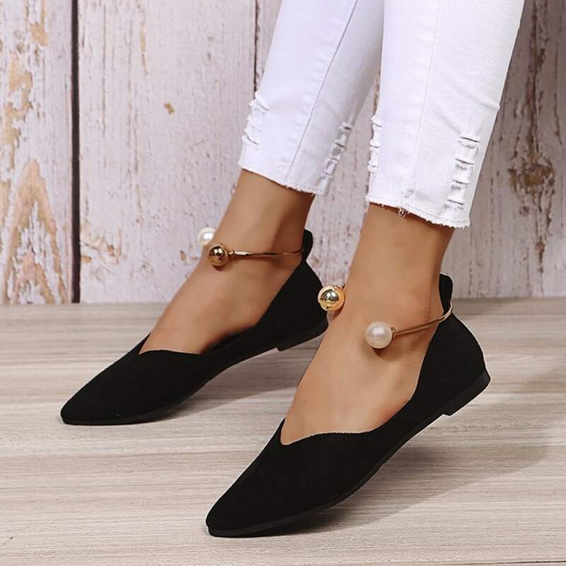 

Faux Pearl Decor Ankle Cuff Flats, Black
