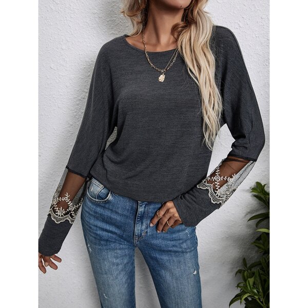 

Embroidered Mesh Insert Tee, Dark grey