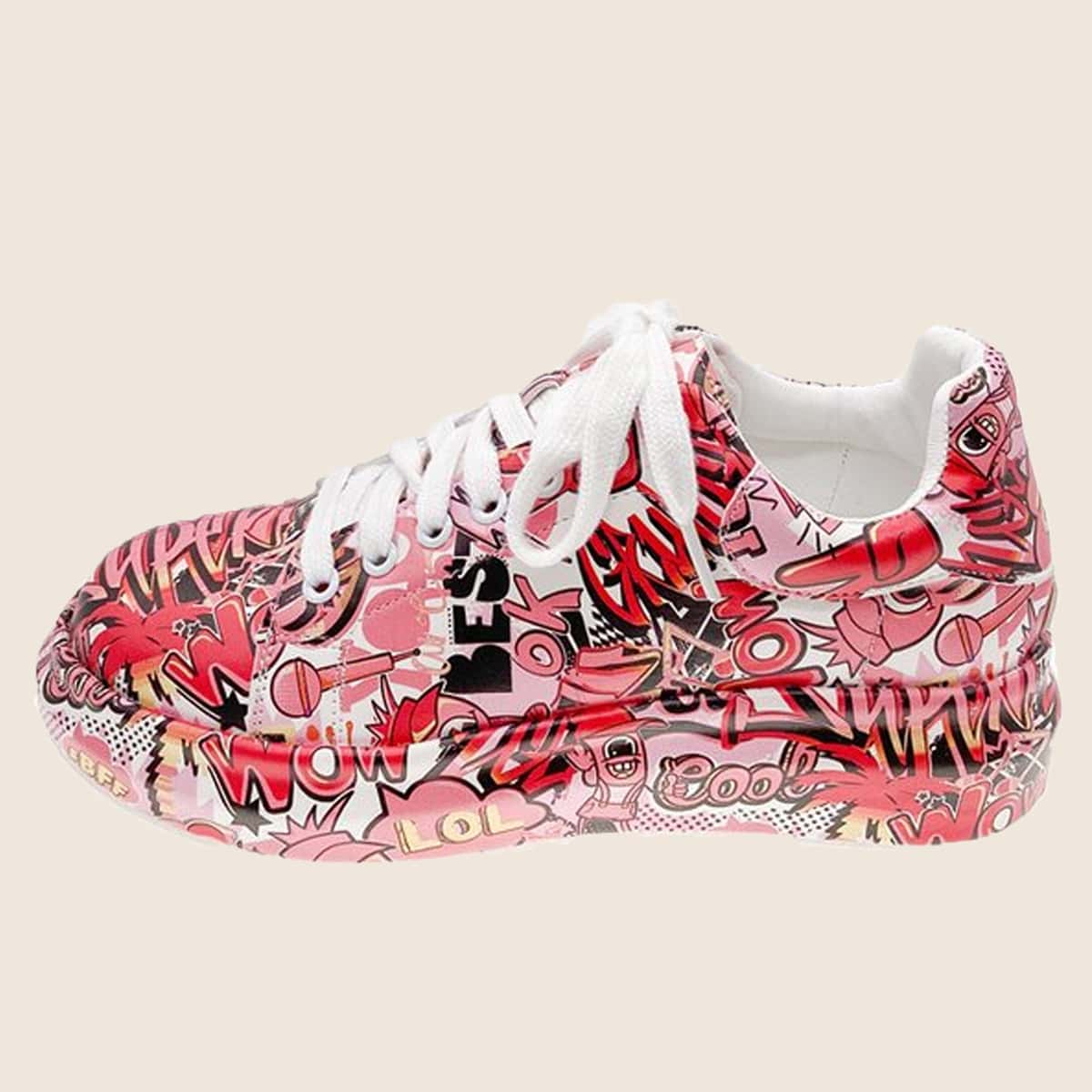 

Cartoon Words Print Sneakers, Red
