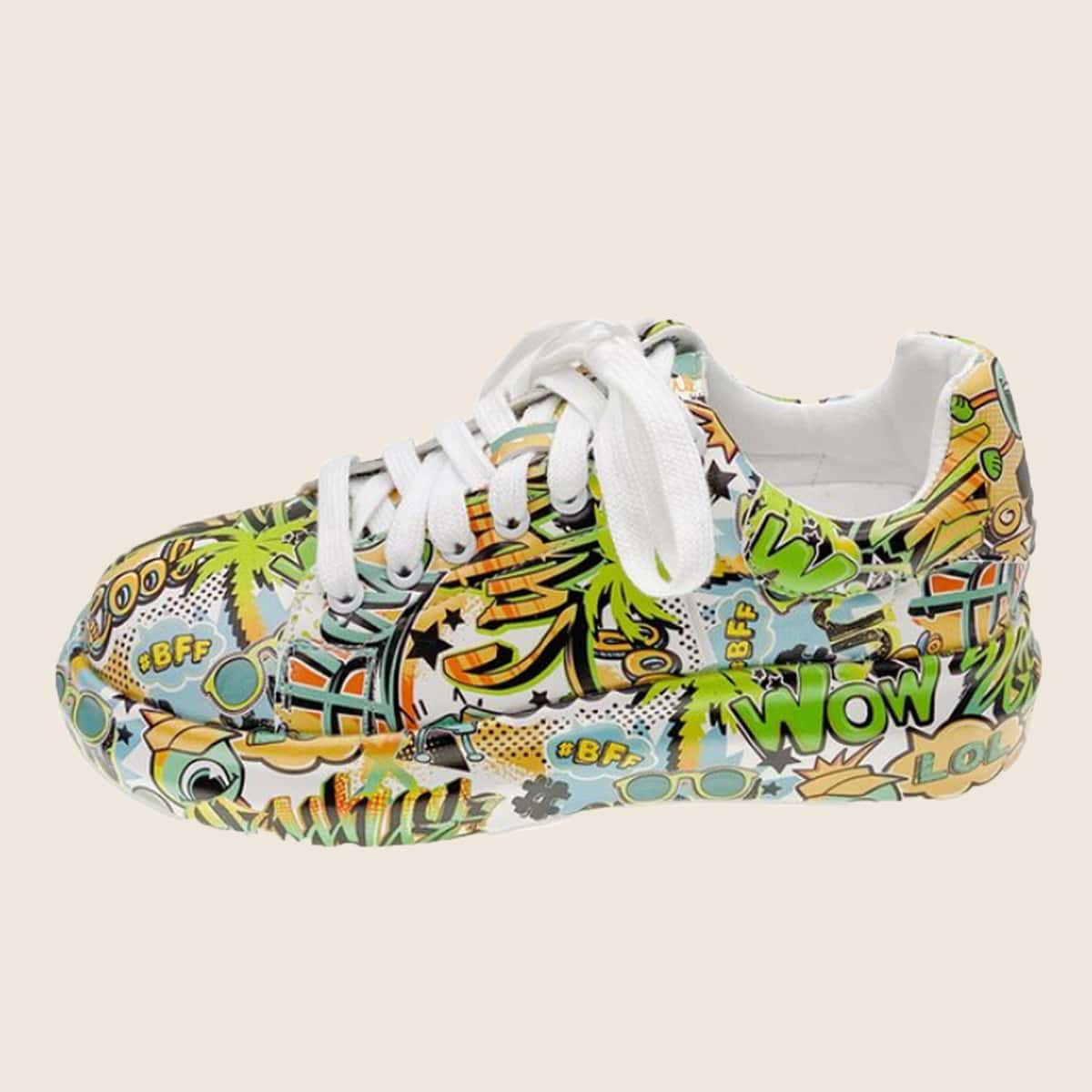 

Cartoon Words Print Sneakers, Green