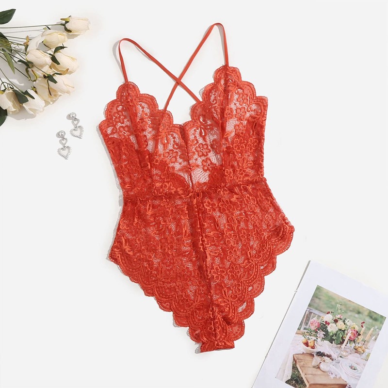 

Plus Floral Lace Criss Cross Teddy Bodysuit, Red