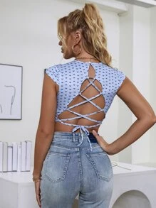 Lace Up Backless Heart Print Tee - Baby Blue - View 2
