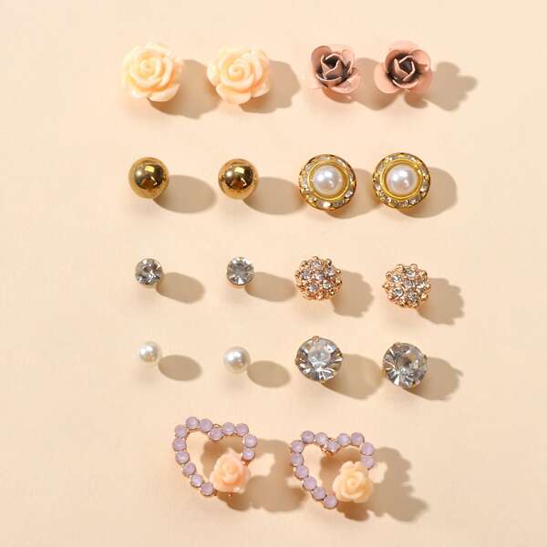 

9pairs Flower Decor Stud Earrings, Multicolor