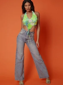 SHEIN Marble Tie-Dye Ruched Mesh Bandana Crop Top - Multicolor - View 5