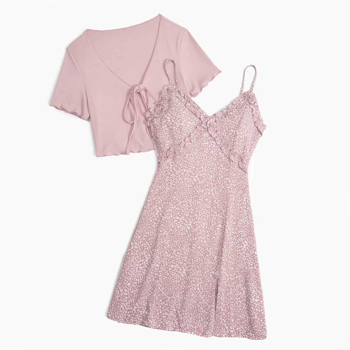 

Solid Tie Front Crop Top & All Over Print Cami Dress, Pink