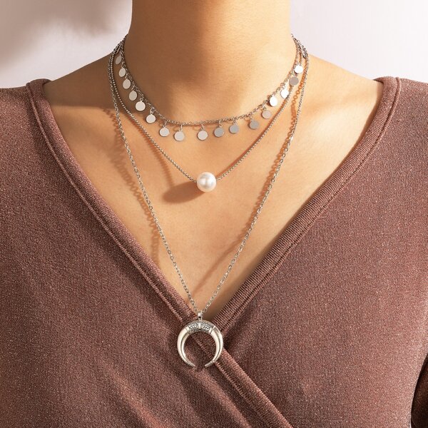 

Disc Pendant Layered Necklace, Silver