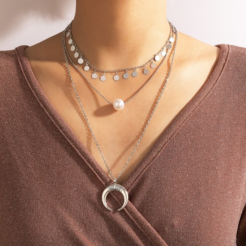 

Disc & Moon Layered Necklace, Silver