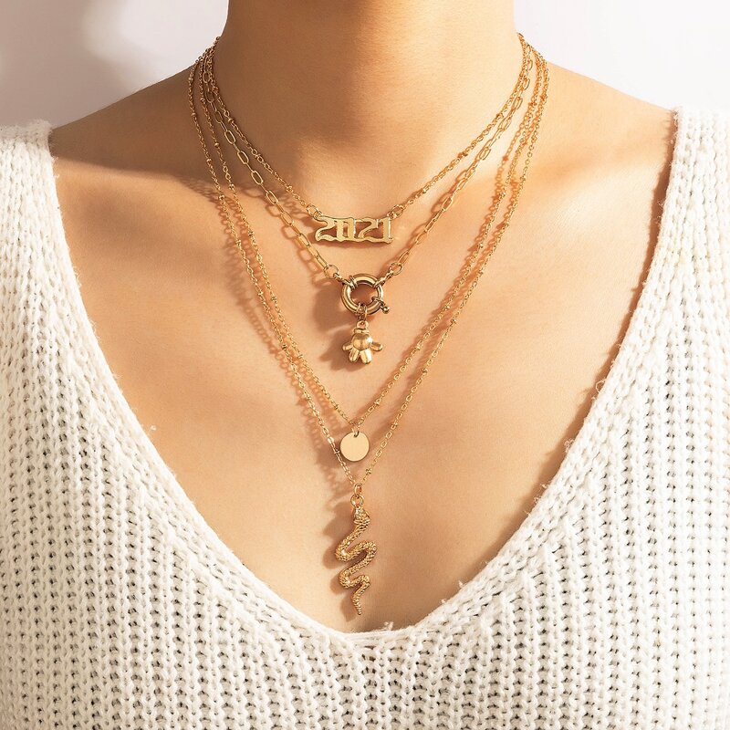 

2pcs Disc & Serpentine Layered Necklace, Gold