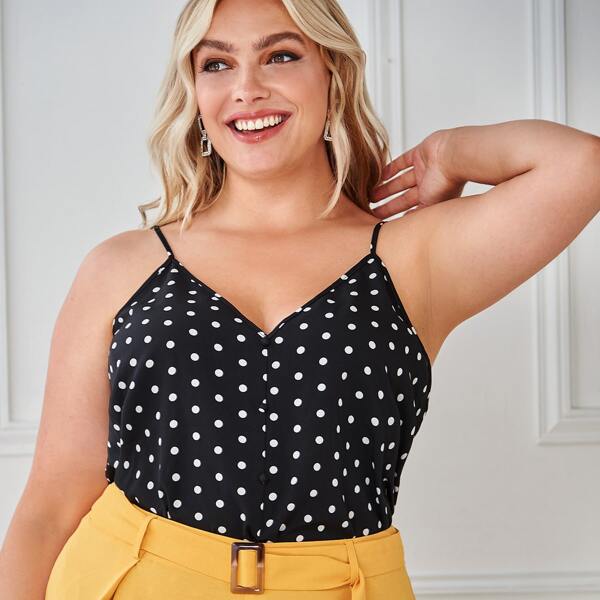 

Plus Polka Dot Button Front Cami Top, Black