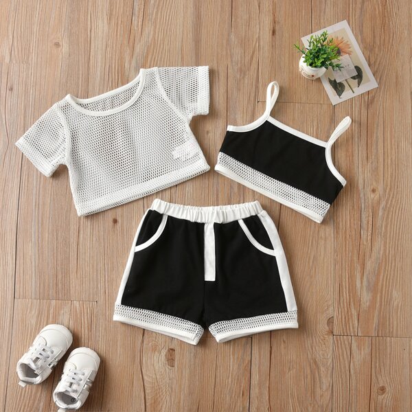 

Baby Girl 3pack Cami Top & Track Shorts & Mesh Top, Black and white