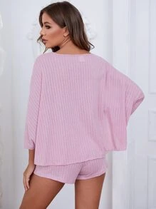 Conjunto de pijama con cordón delantero con encaje en contraste - Rosa - Ver 2