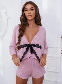 Conjunto de pijama con cordón delantero con encaje en contraste - Rosa - Ver 4