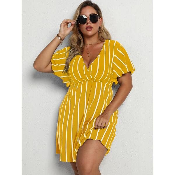 

Plus Striped Surplice Neck A-line Dress, Yellow