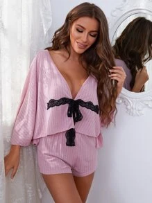 Conjunto de pijama con cordón delantero con encaje en contraste - Rosa - Ver 6