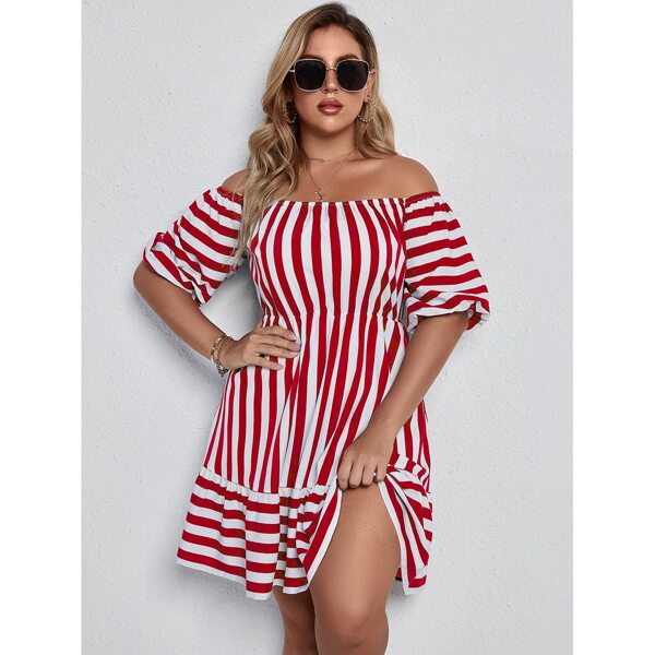 

Plus Off Shoulder Striped Dress, Red and white