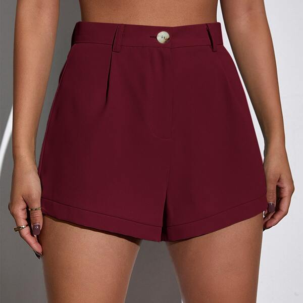 

High Waist Roll Hem Shorts, Red
