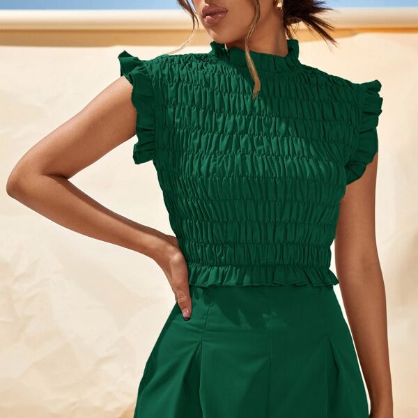 

Solid Frill Trim Shirred Top, Dark green