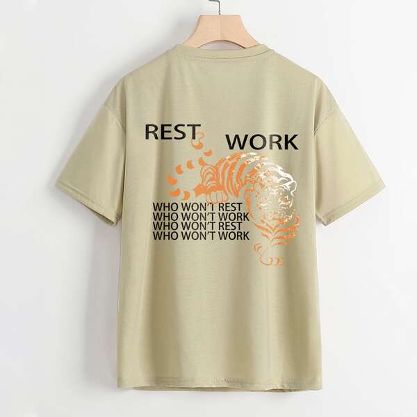 

Drop Shoulder Slogan Graphic Tee, Khaki