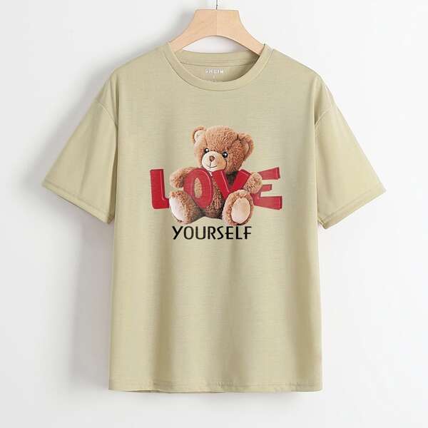 

Slogan & Cartoon Graphic Tee, Khaki