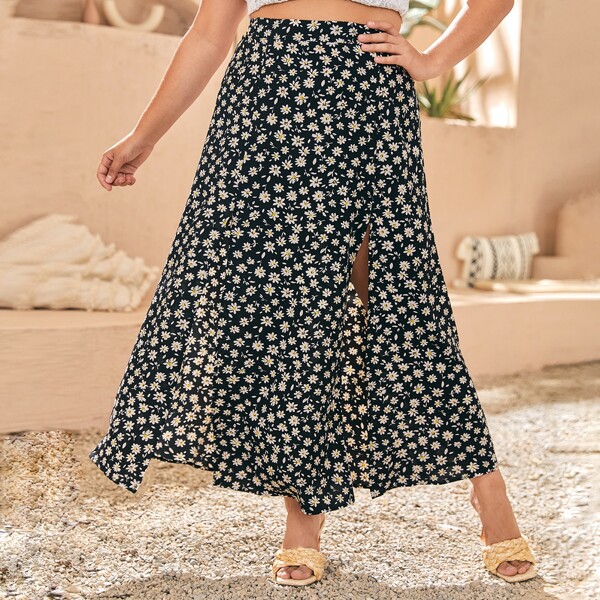 

Plus Ditsy Floral Print Split Thigh Skirt, Multicolor