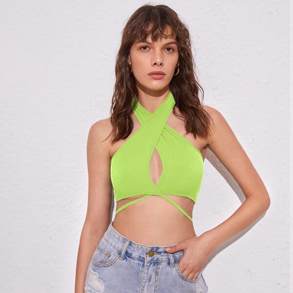 

Wrap Cross Halterneck Tie Back Crop Top, Green