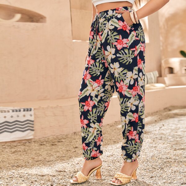 

Plus Floral Print Slant Pocket Knot Front Pants, Multicolor