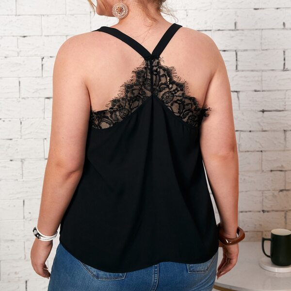 

Plus Lace Trim Halter Top, Black