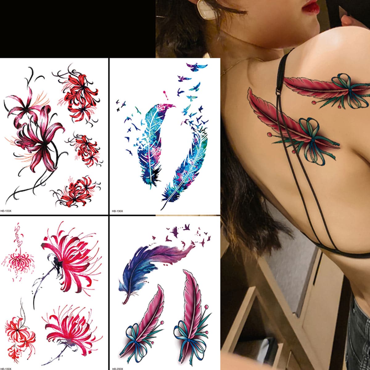 

4sheets Floral Graphic Tattoo Sticker, Multicolor