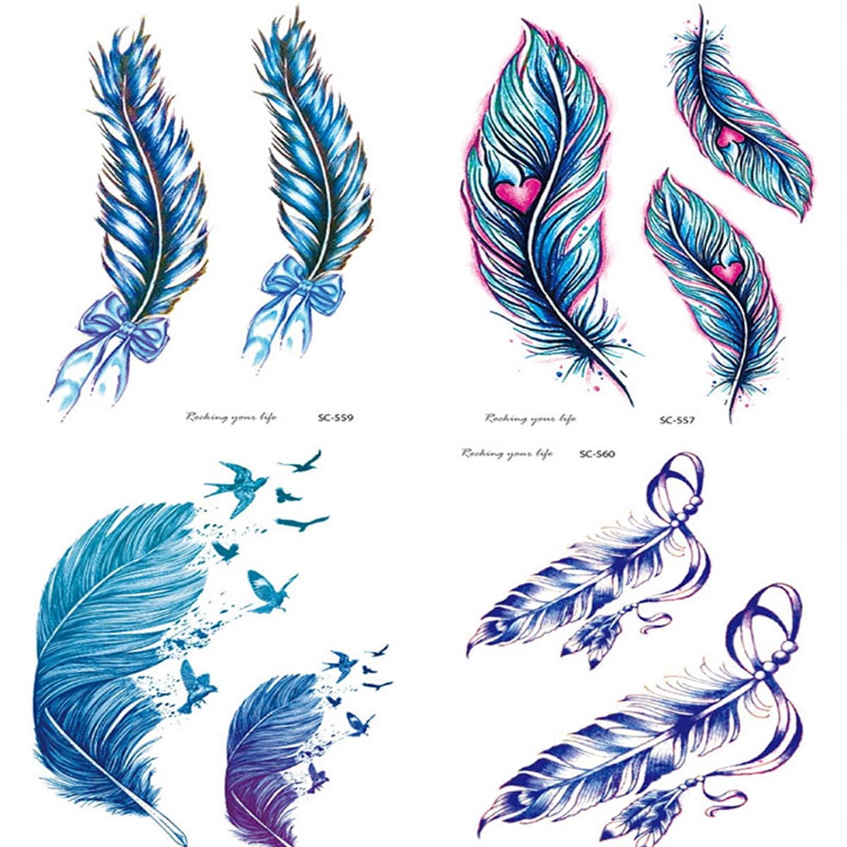 

5sheets Feather Print Tattoo Sticker, Blue