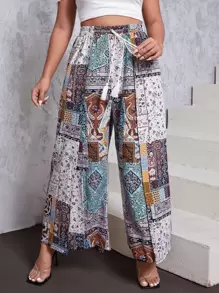 SHEIN VCAY Plus Floral Print Split Wide Leg Trousers - Multicolor - View 1