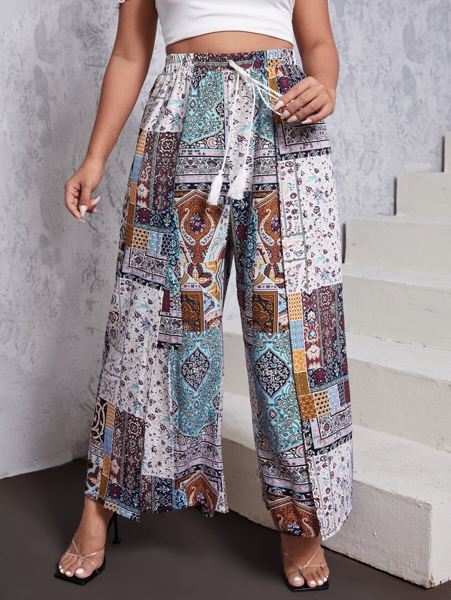 SHEIN VCAY Plus Floral Print Split Wide Leg Trousers - Multicolor - View 1