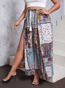 SHEIN VCAY Plus Floral Print Split Wide Leg Trousers - Multicolor - View 4