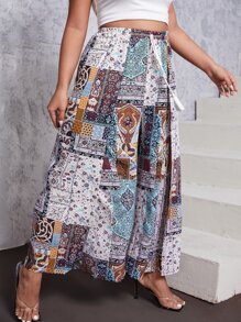 SHEIN VCAY Plus Floral Print Split Wide Leg Trousers - Multicolor - View 5