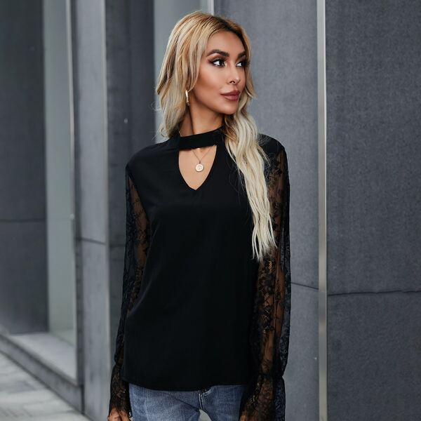 

Contrast Lace Cut Out Blouse, Black