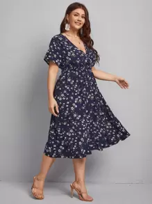 Calvaya Plus Allover Floral Print A-line Dress - Navy Blue - View 1