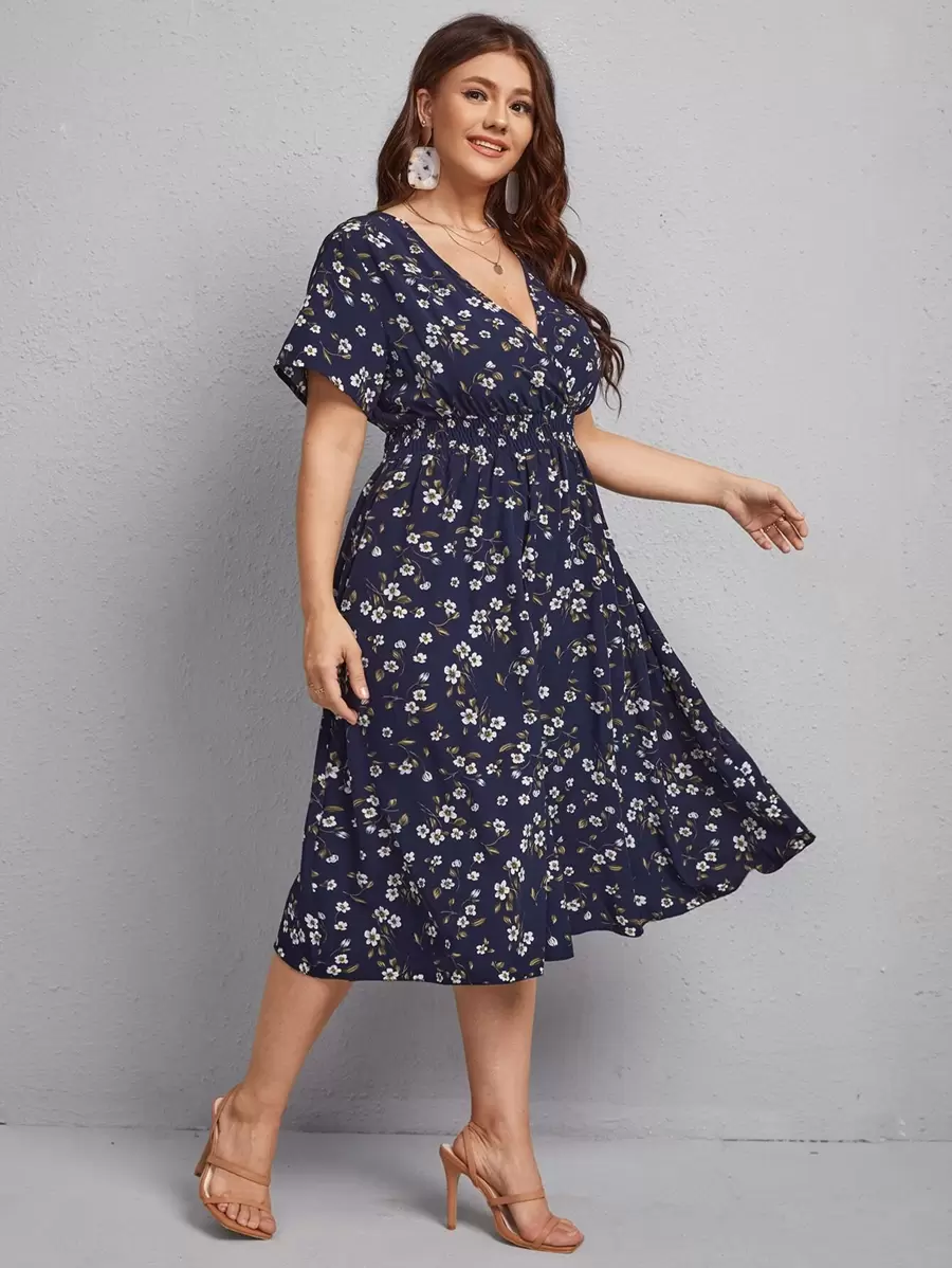 Calvaya Plus Allover Floral Print A-line Dress - Navy Blue - View 1