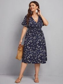 Calvaya Plus Allover Floral Print A-line Dress - Navy Blue - View 3