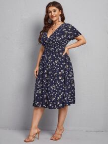 Calvaya Plus Allover Floral Print A-line Dress - Navy Blue - View 4