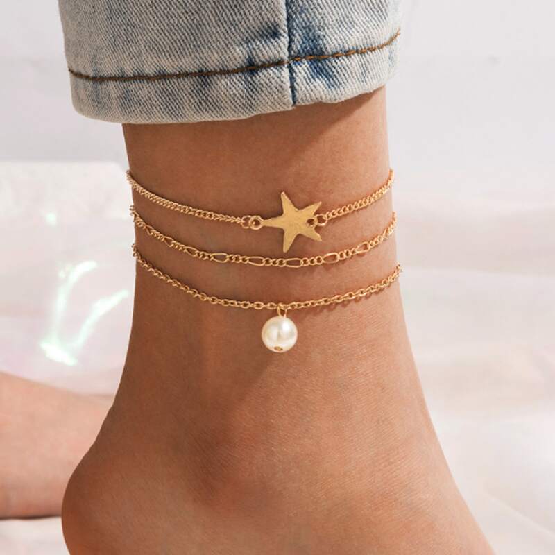 

3pcs Faux Pearl Decor Anklet, Gold
