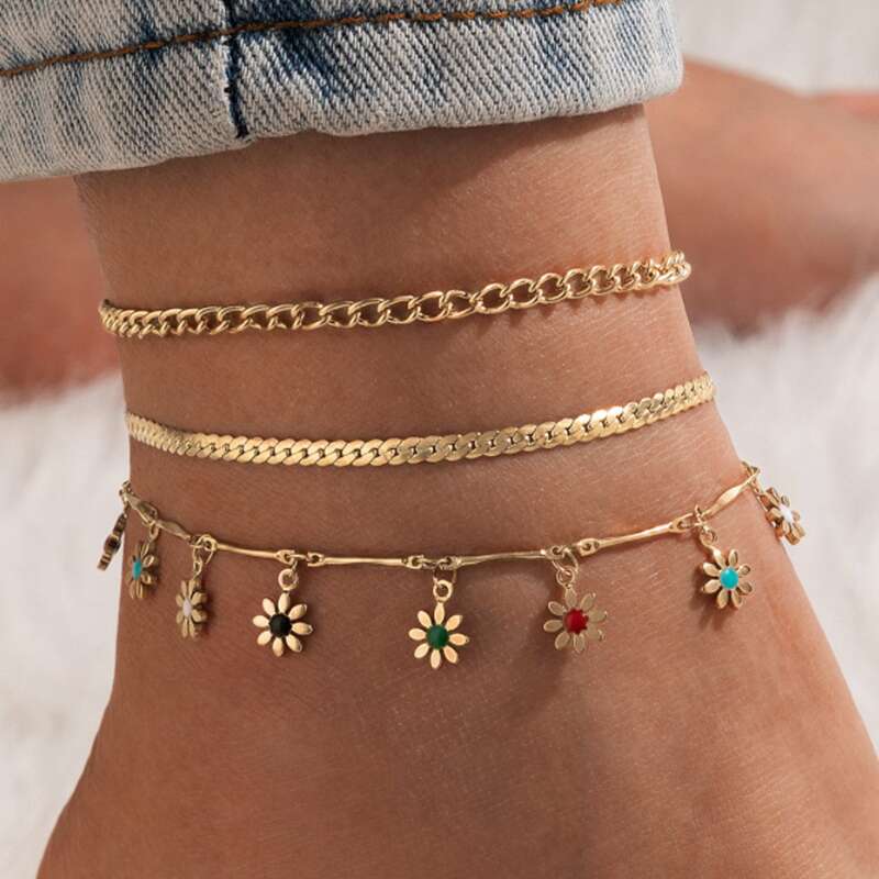 

3pcs Floral Charm Anklet, Gold