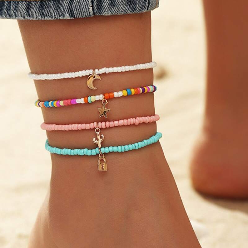 

4pcs Star Charm Beaded Anklet, Multicolor
