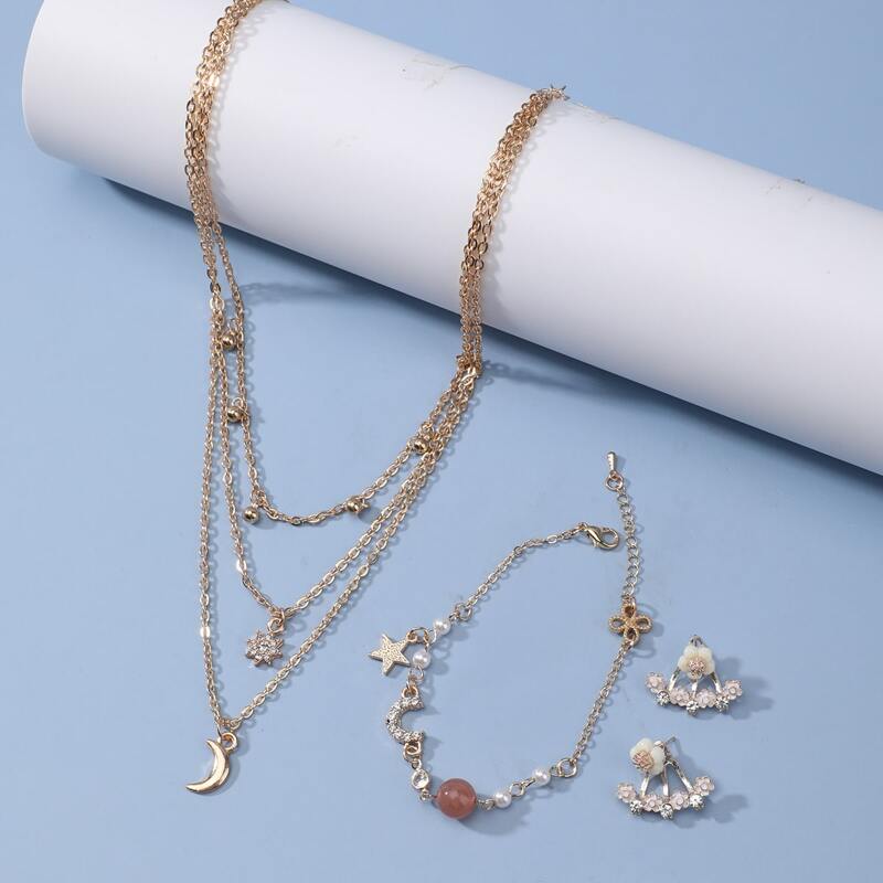 

4pcs Moon Charm Jewelry Set, Gold