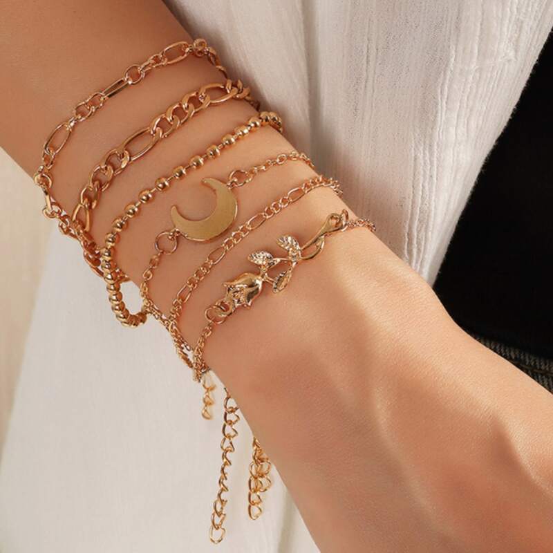 

6pcs Moon Decor Chain Bracelet, Gold