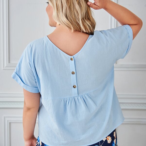 

Plus Cuffed Sleeve Button Back Top, Baby blue
