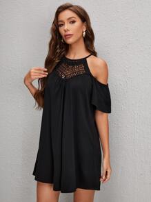 SHEIN Clasi Đầm Cắt ra màu trơn Boho - màu đen - Xem 4