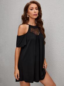SHEIN Clasi Đầm Cắt ra màu trơn Boho - màu đen - Xem 5